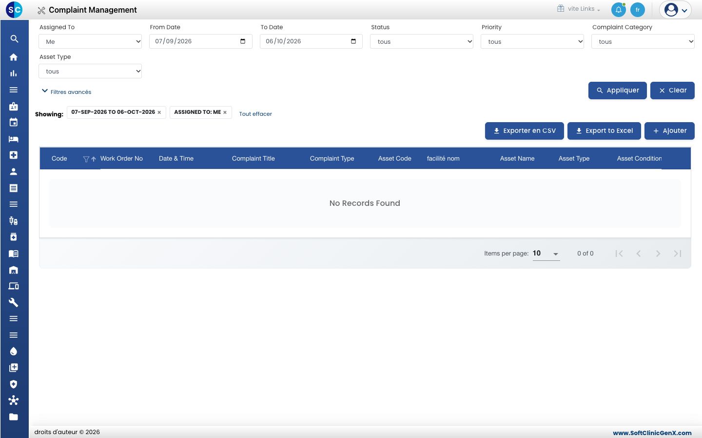 La liste Complaint Management avec ses filtres et le bouton Ajouter.