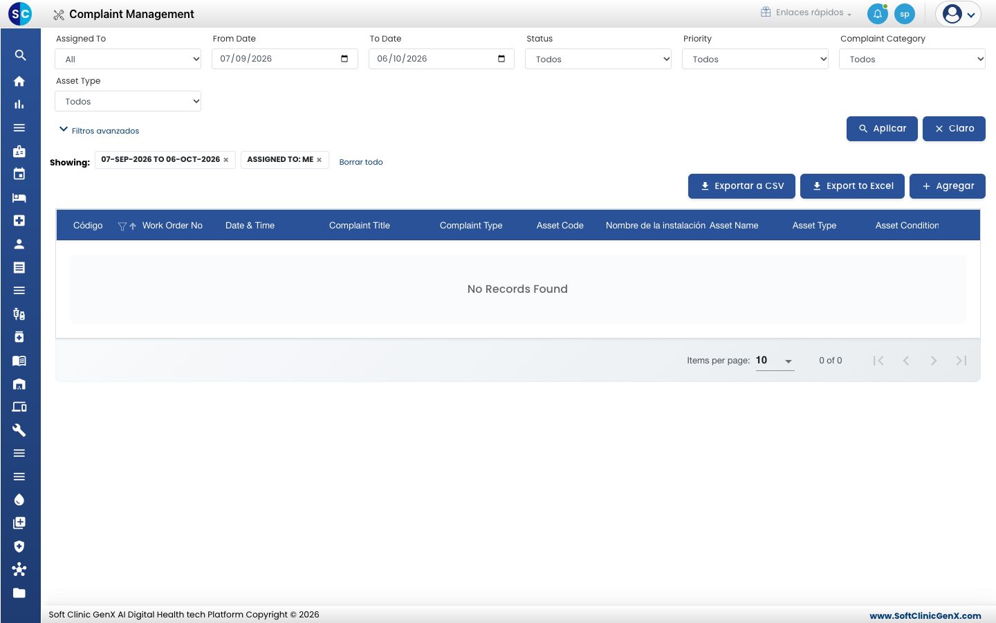 La lista de Complaint Management con sus filtros y el botón Agregar.