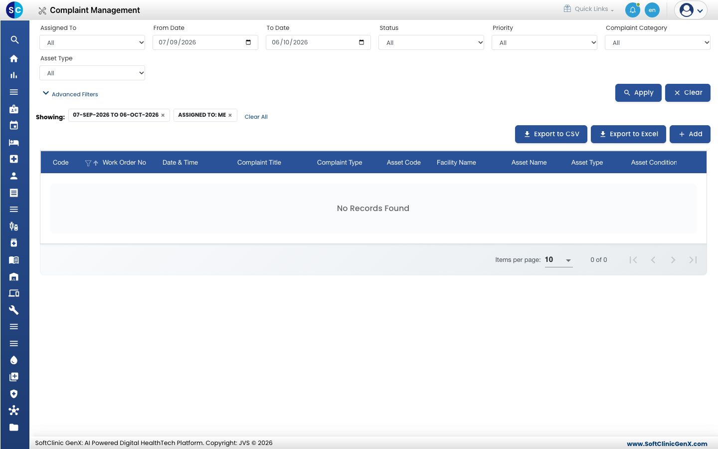 The Complaint Management list with its filters and the Add button.