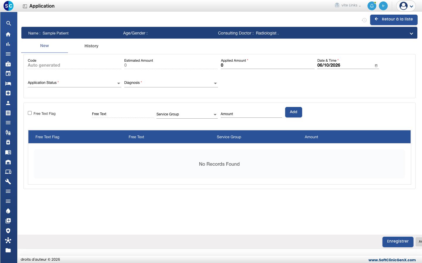 L'écran Application avec la barre du patient, Applied Amount, Application Status et Diagnosis, et les lignes de services en dessous.
