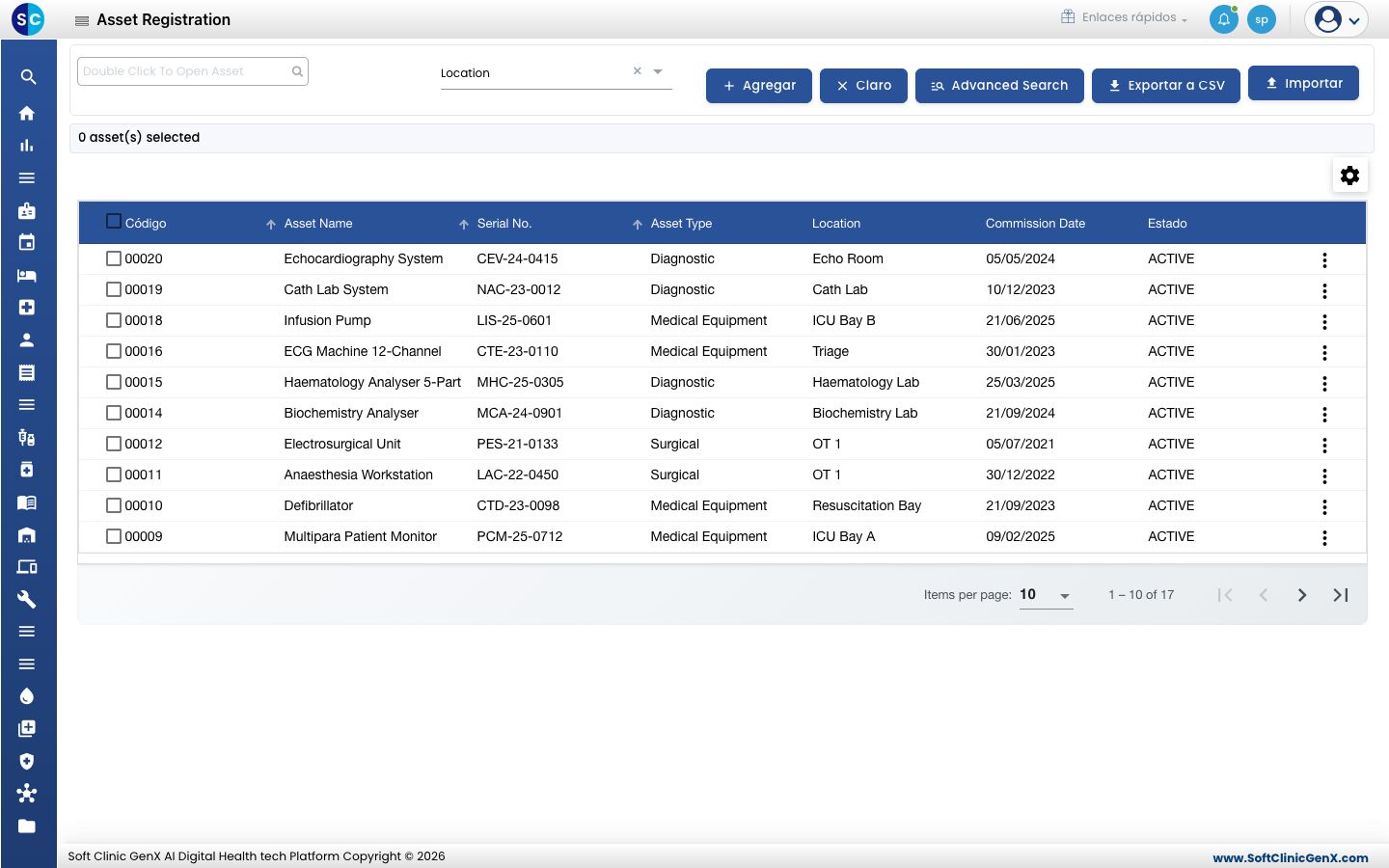 La lista de Asset Registration con los botones Agregar, Claro, Advanced Search, Exportar a CSV e Importar.