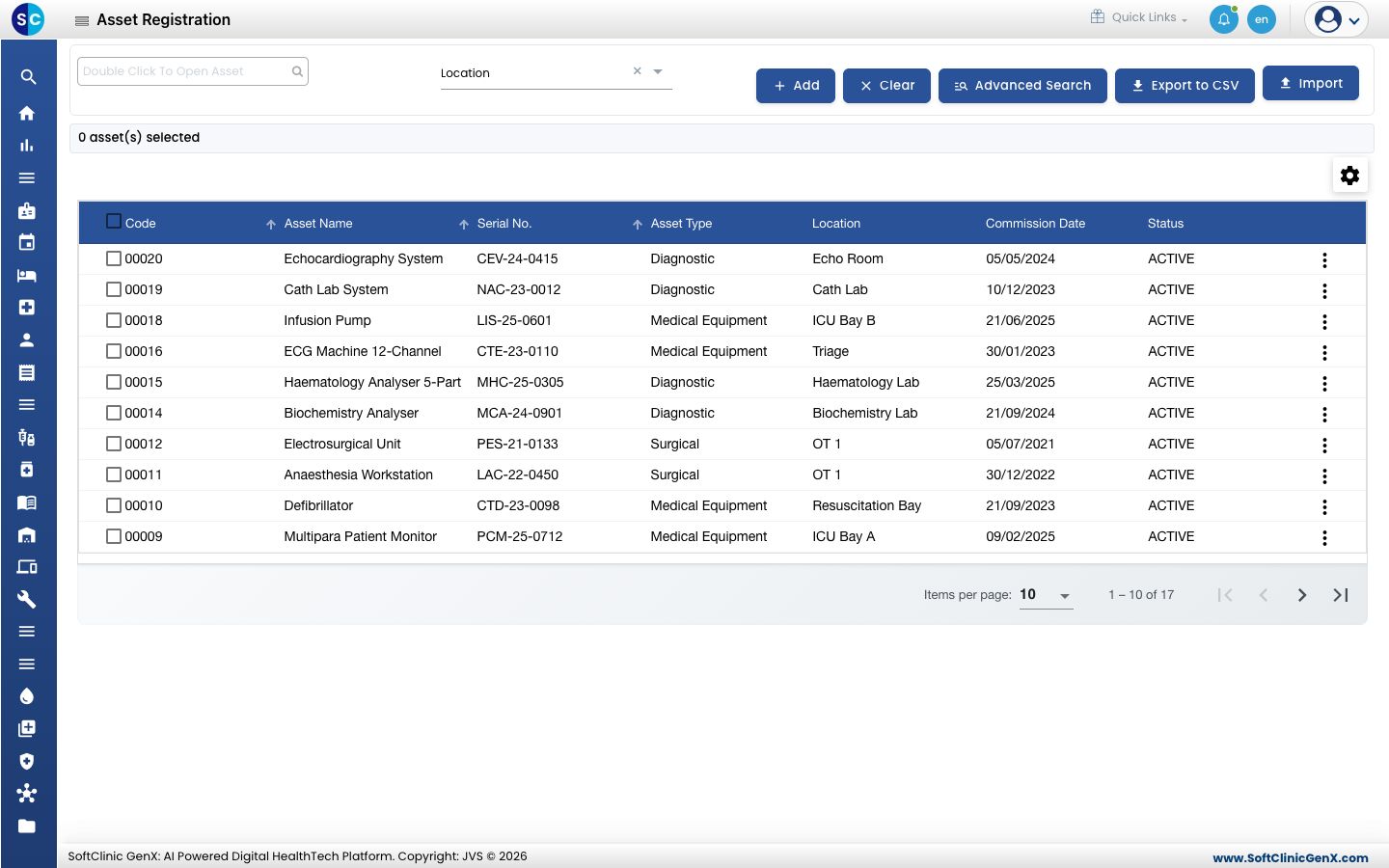 The Asset Registration list with the Add, Clear, Advanced Search, Export to CSV and Import buttons.