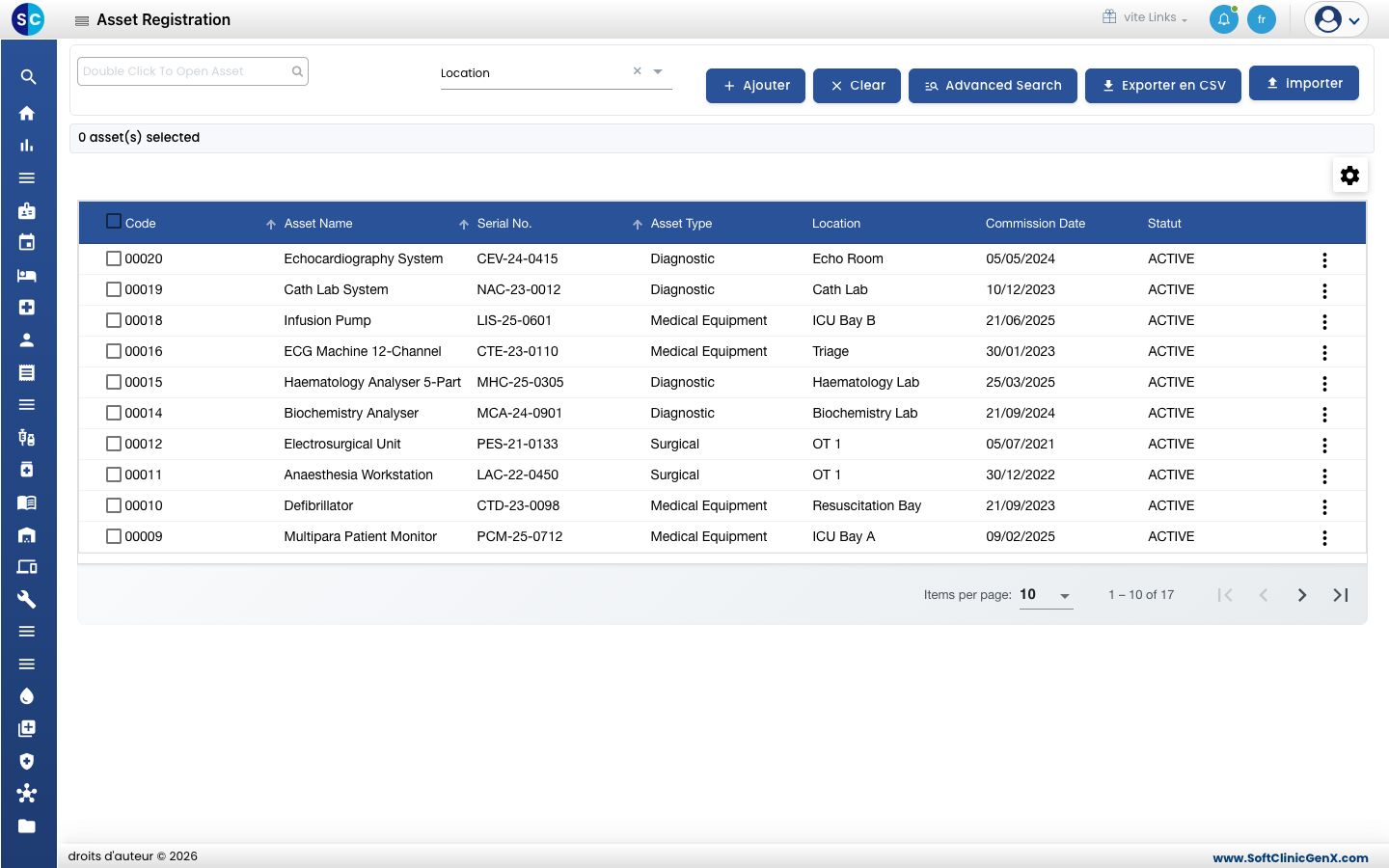 La liste Asset Registration avec les boutons Ajouter, Clear, Advanced Search, Exporter en CSV et Importer.