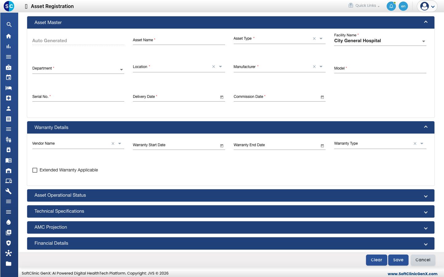 The Asset Registration form with the Asset Master and Warranty Details sections.
