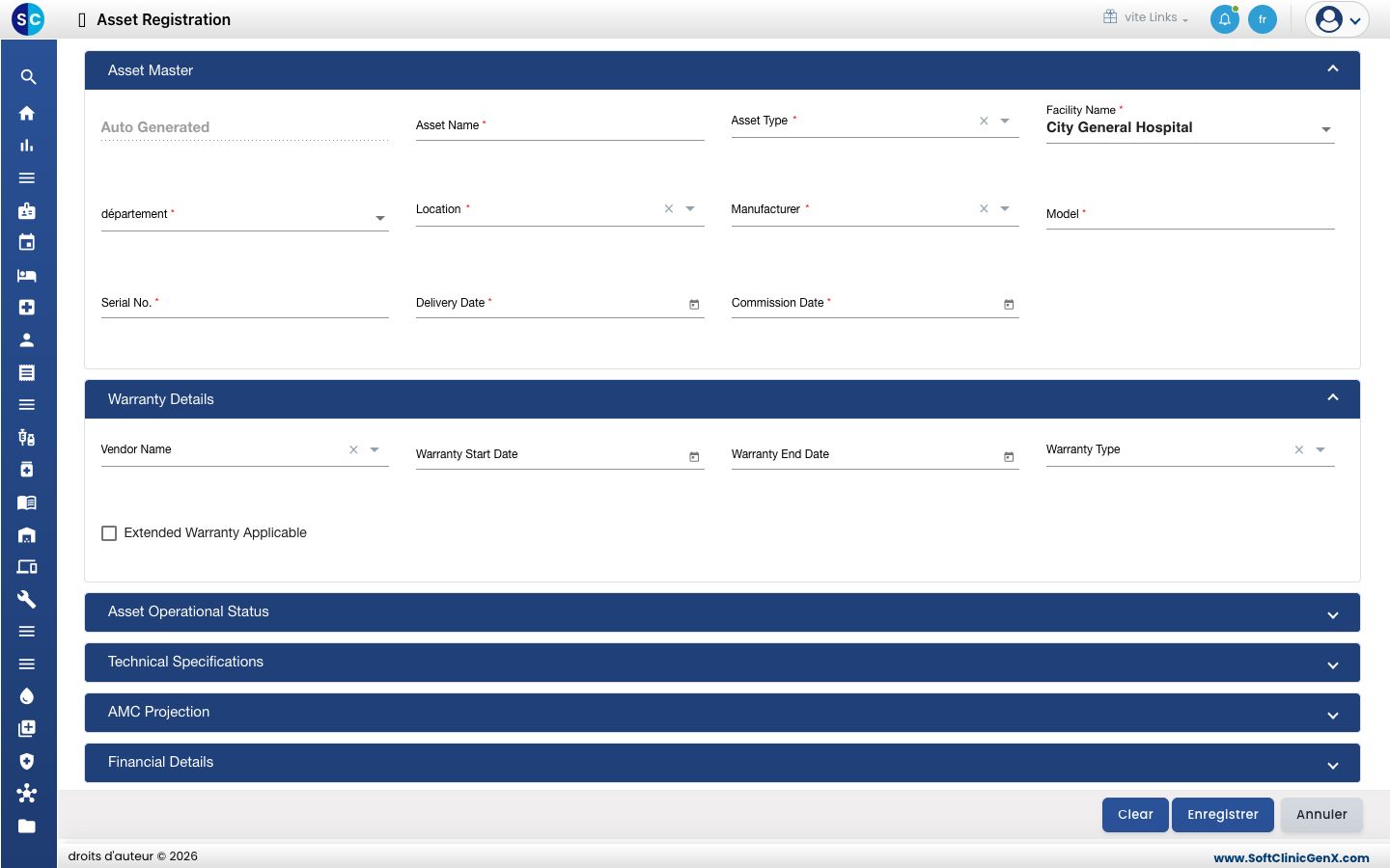 Le formulaire Asset Registration avec les sections Asset Master et Warranty Details.