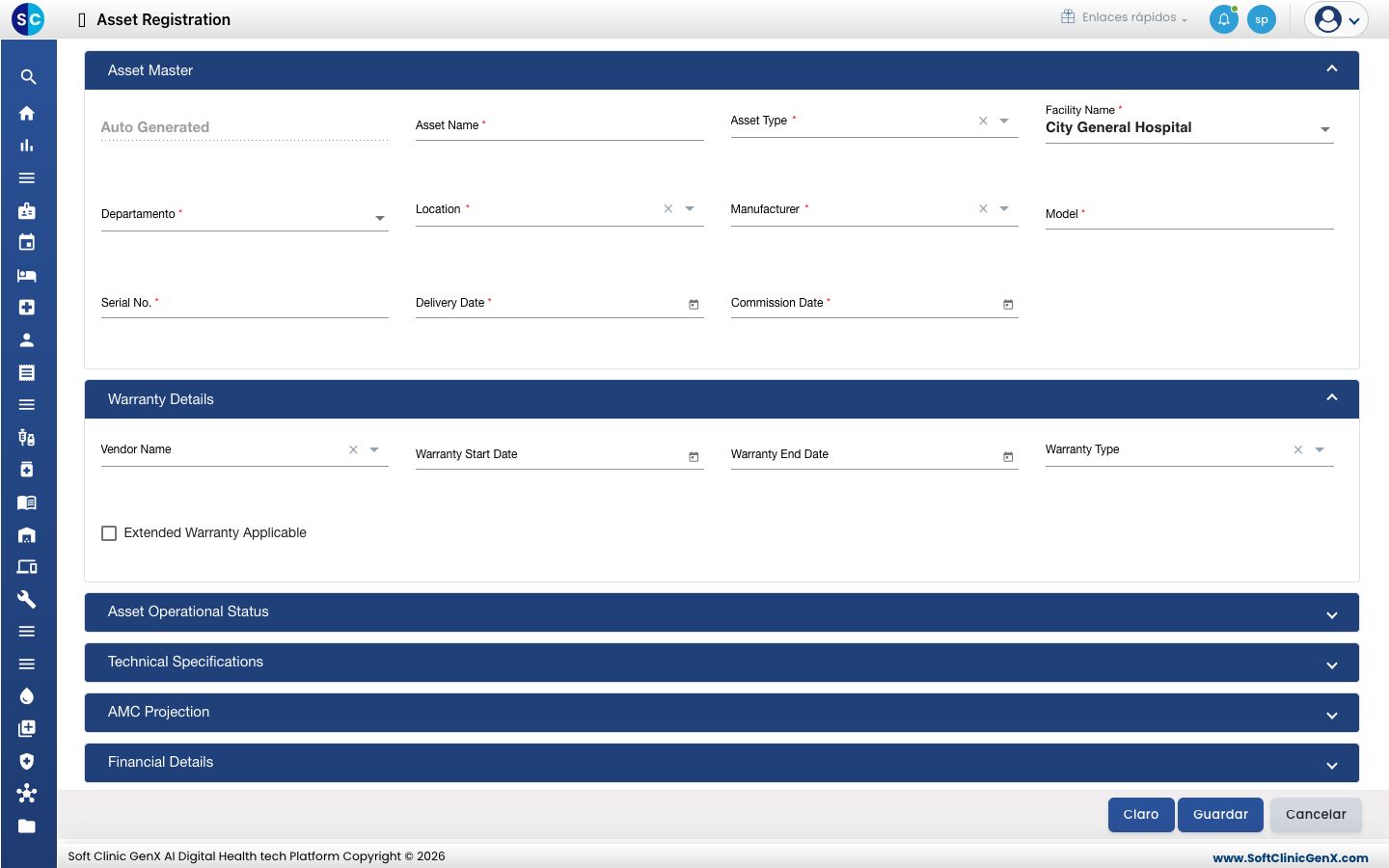 El formulario de Asset Registration con las secciones Asset Master y Warranty Details.