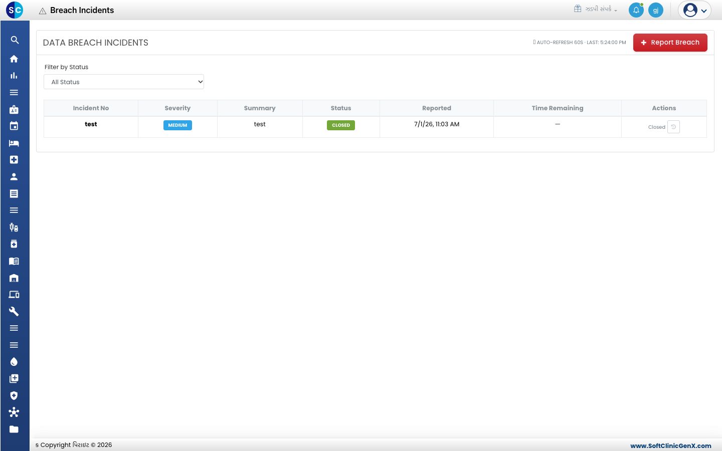 Incident No, Severity, Summary, Status, Reported અને Time Remaining સાથેની Data Breach Incidents યાદી.