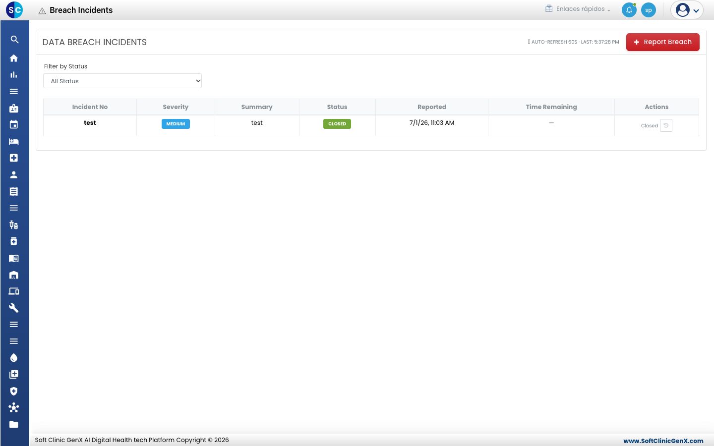 La lista Data Breach Incidents con Incident No, Severity, Summary, Status, Reported y Time Remaining.