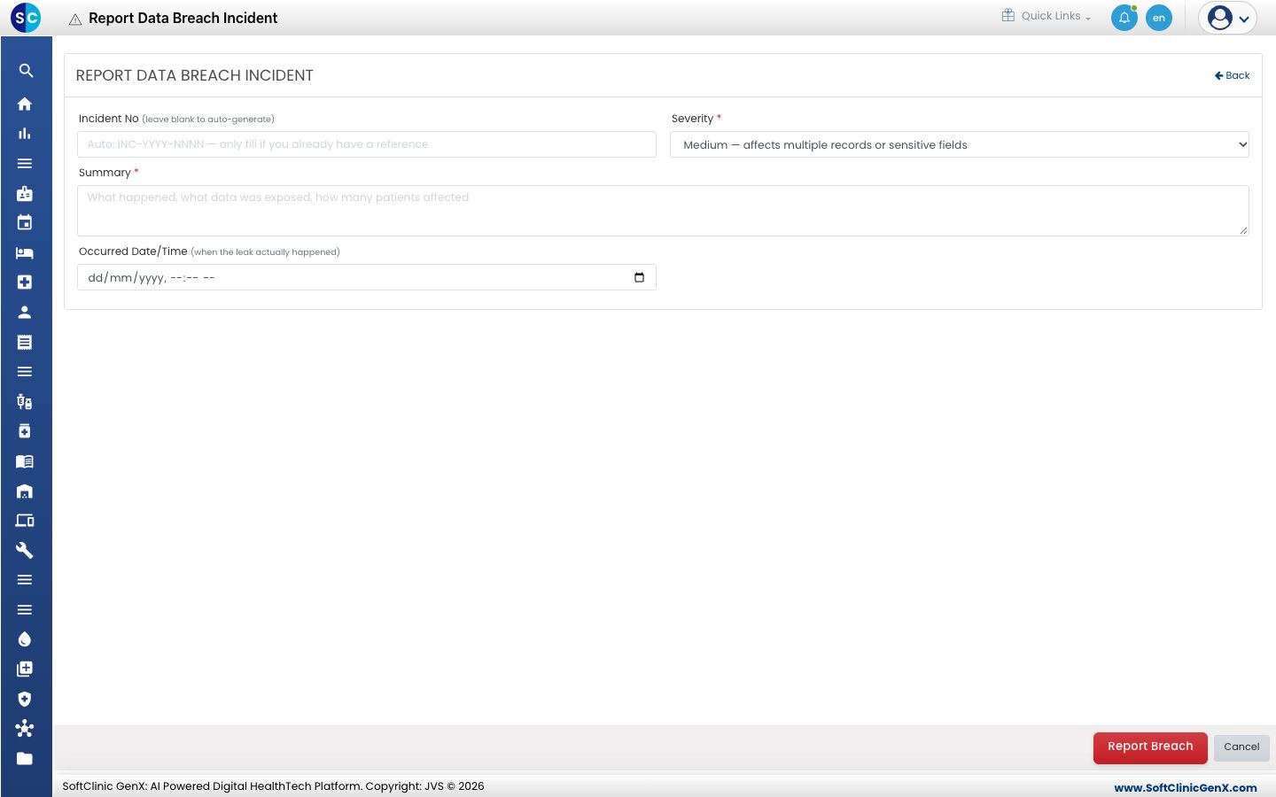 The Report Data Breach Incident form with Incident No, Severity, Summary and Occurred Date/Time.