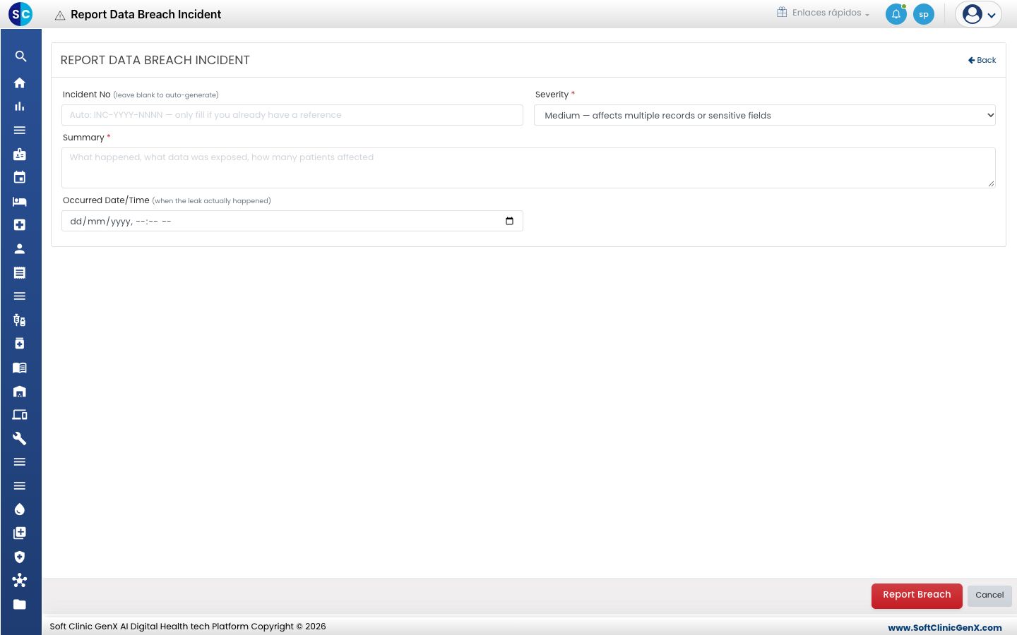 El formulario Report Data Breach Incident con Incident No, Severity, Summary y Occurred Date/Time.