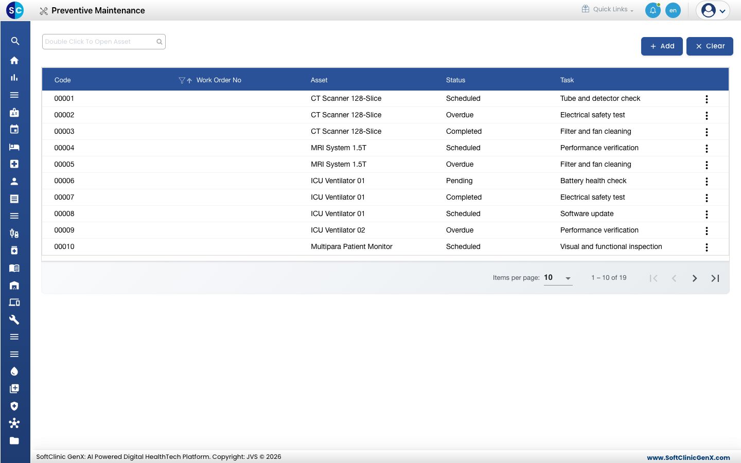 The Preventive Maintenance list with Code, Work Order No, Asset, Status and Task.