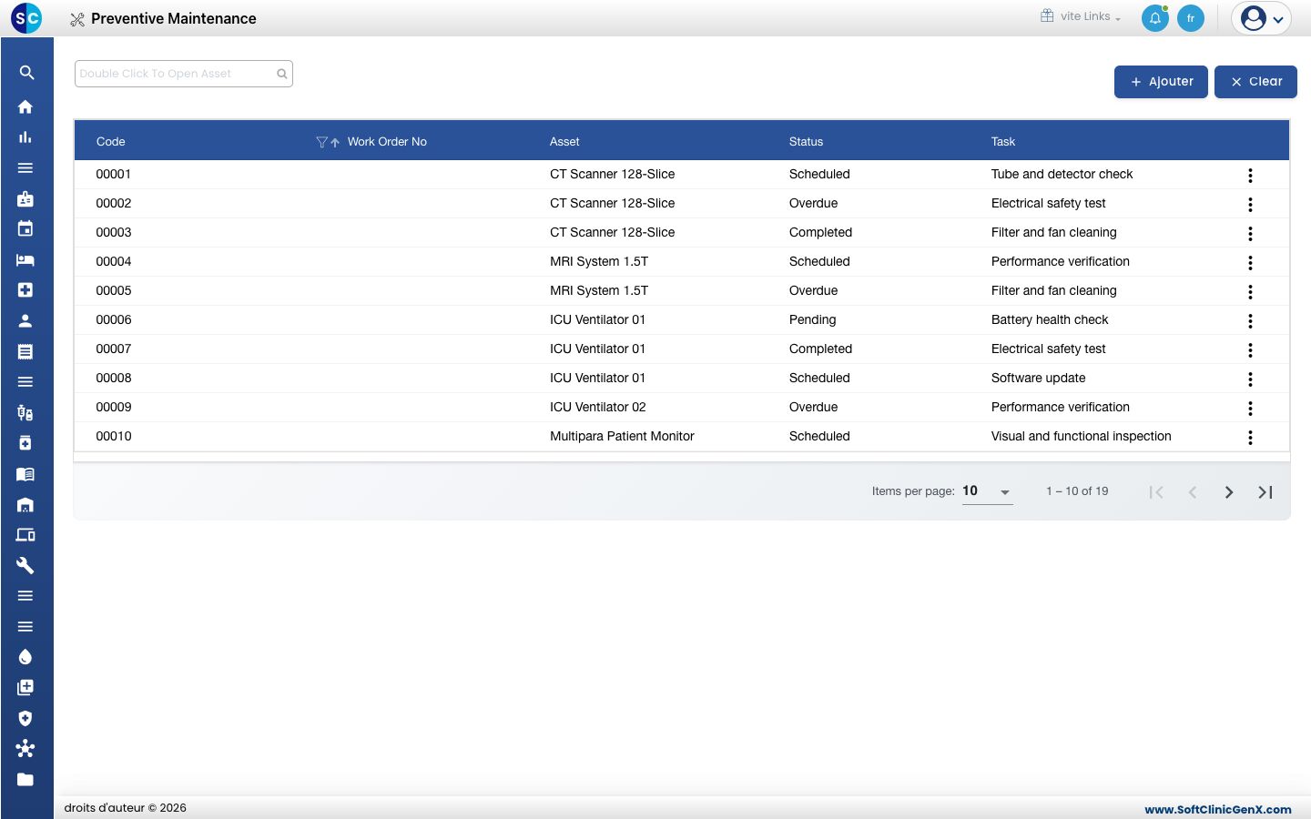 La liste Preventive Maintenance avec Code, Work Order No, Asset, Status et Task.