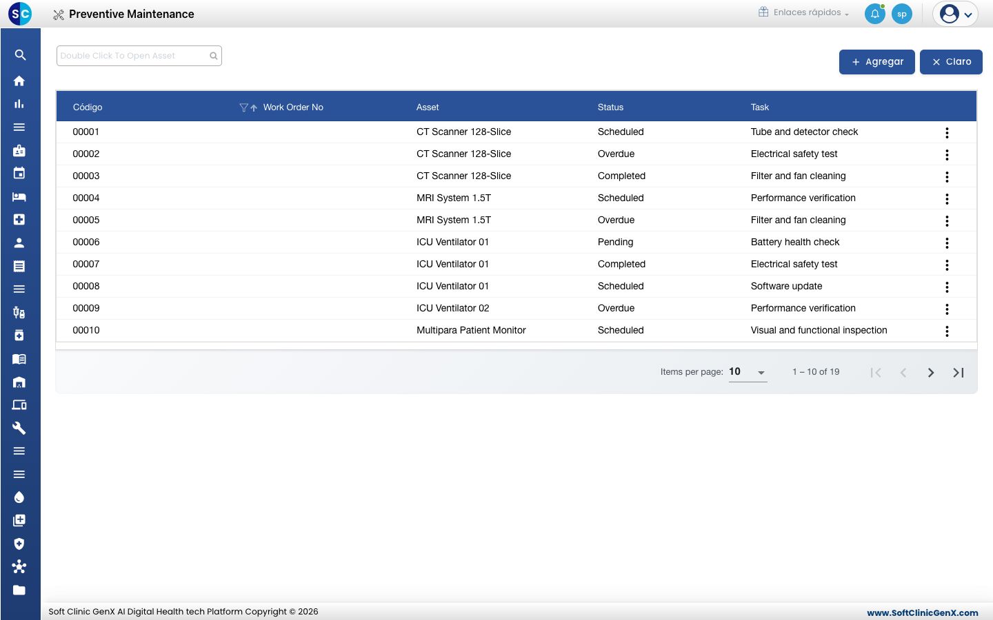 La lista de Preventive Maintenance con Código, Work Order No, Asset, Status y Task.