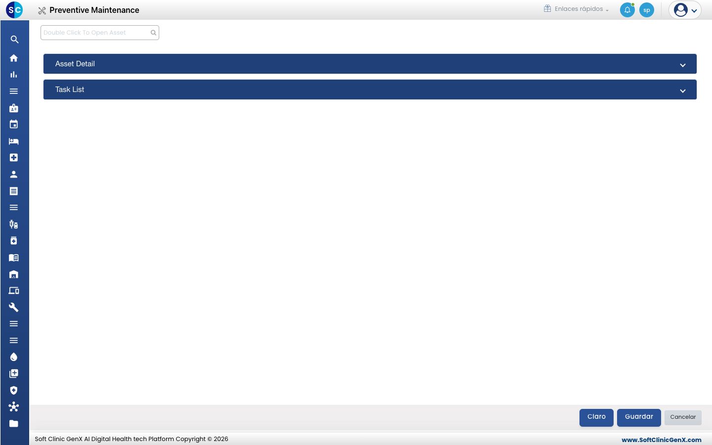 El formulario de Preventive Maintenance con las secciones Asset Detail y Task List.