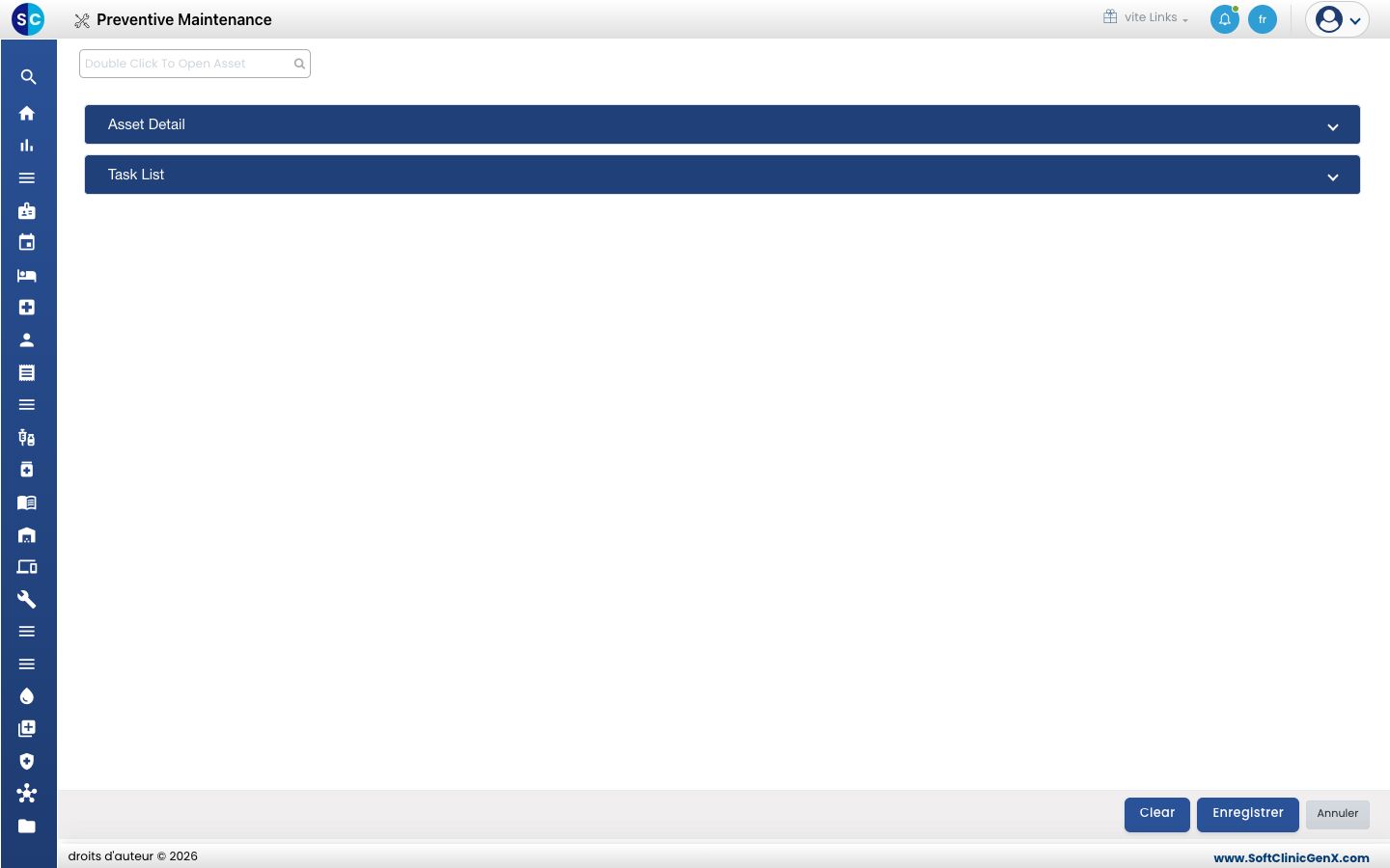 Le formulaire Preventive Maintenance avec les sections Asset Detail et Task List.