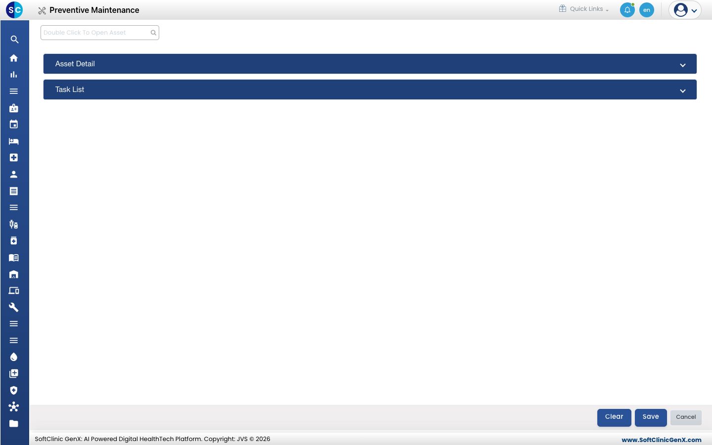 The Preventive Maintenance form with the Asset Detail and Task List sections.