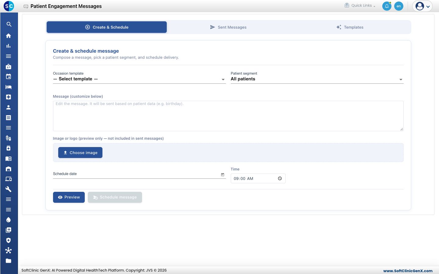Patient Engagement Messages with the Create &amp; Schedule, Sent Messages and Templates tabs