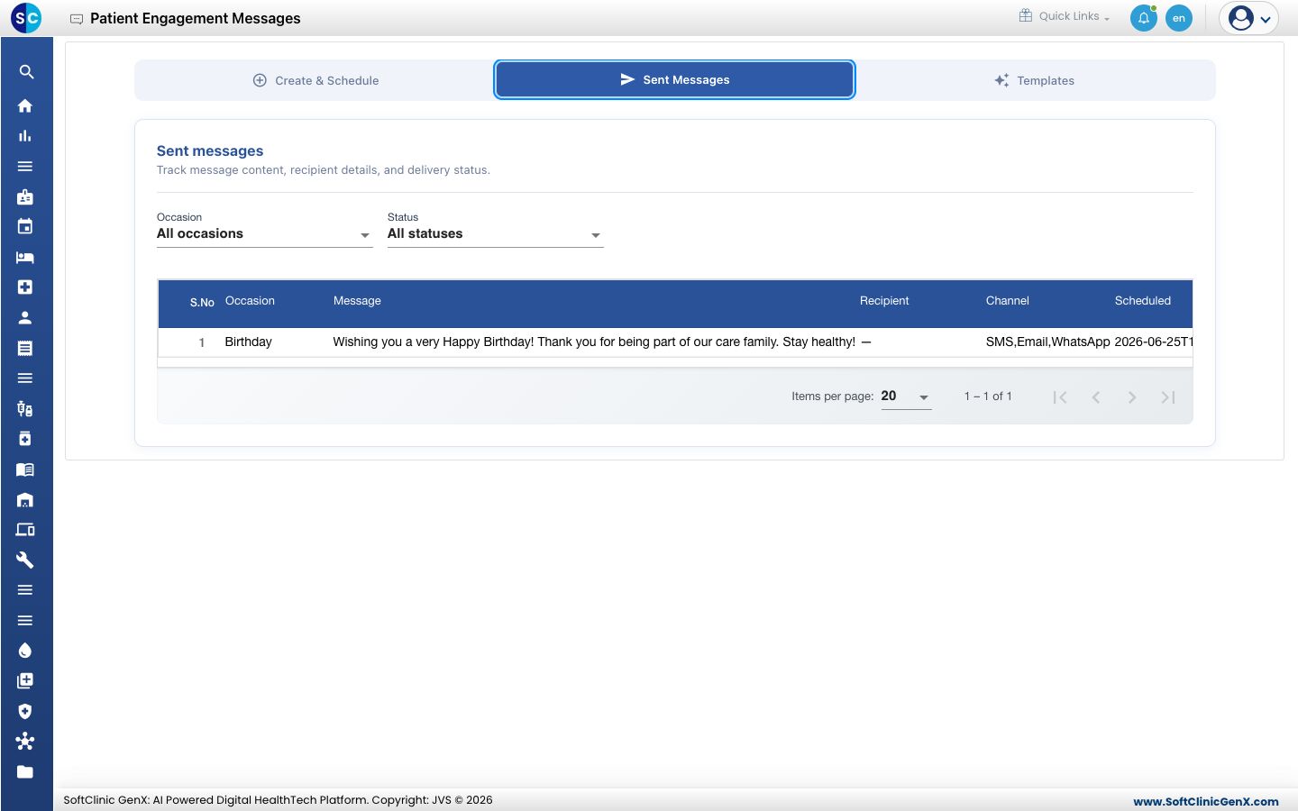 The Sent Messages tab listing each message with its channel and schedule