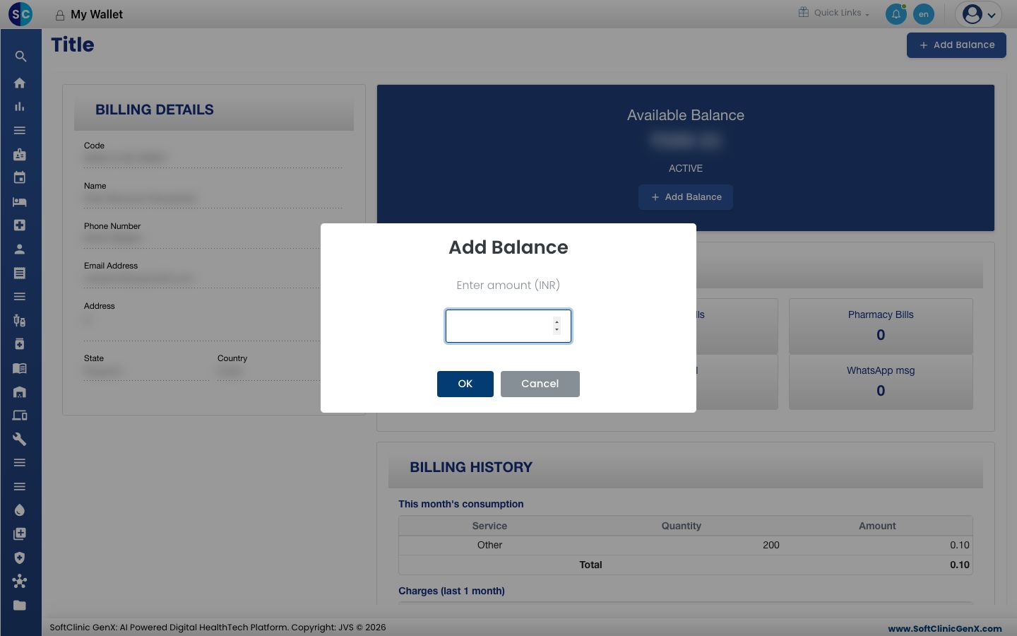 The Add Balance box asking for the amount