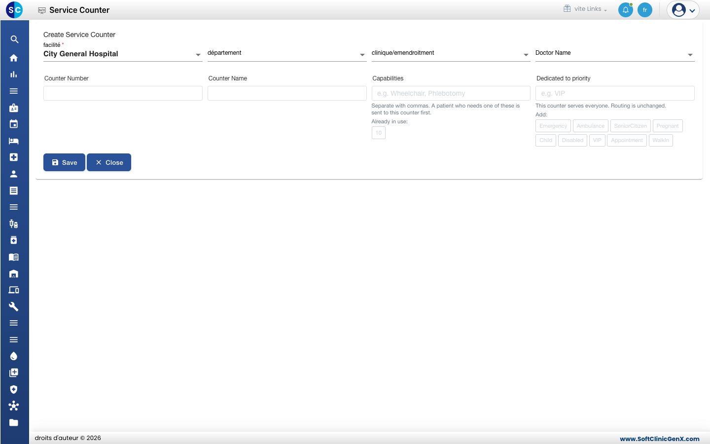 Le formulaire Create Service Counter.