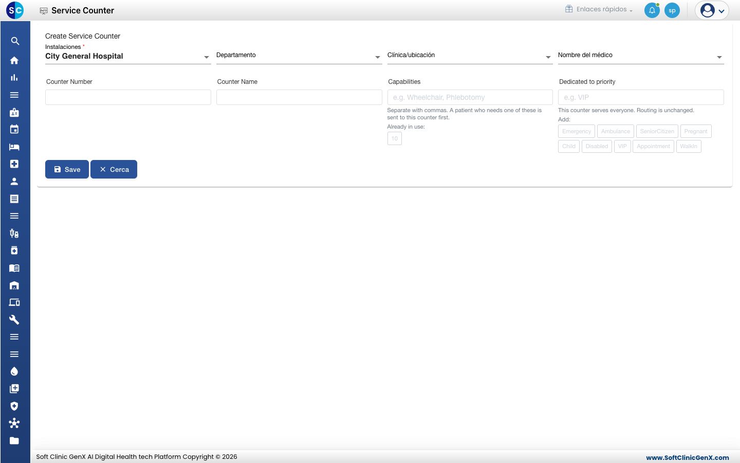 El formulario Create Service Counter.