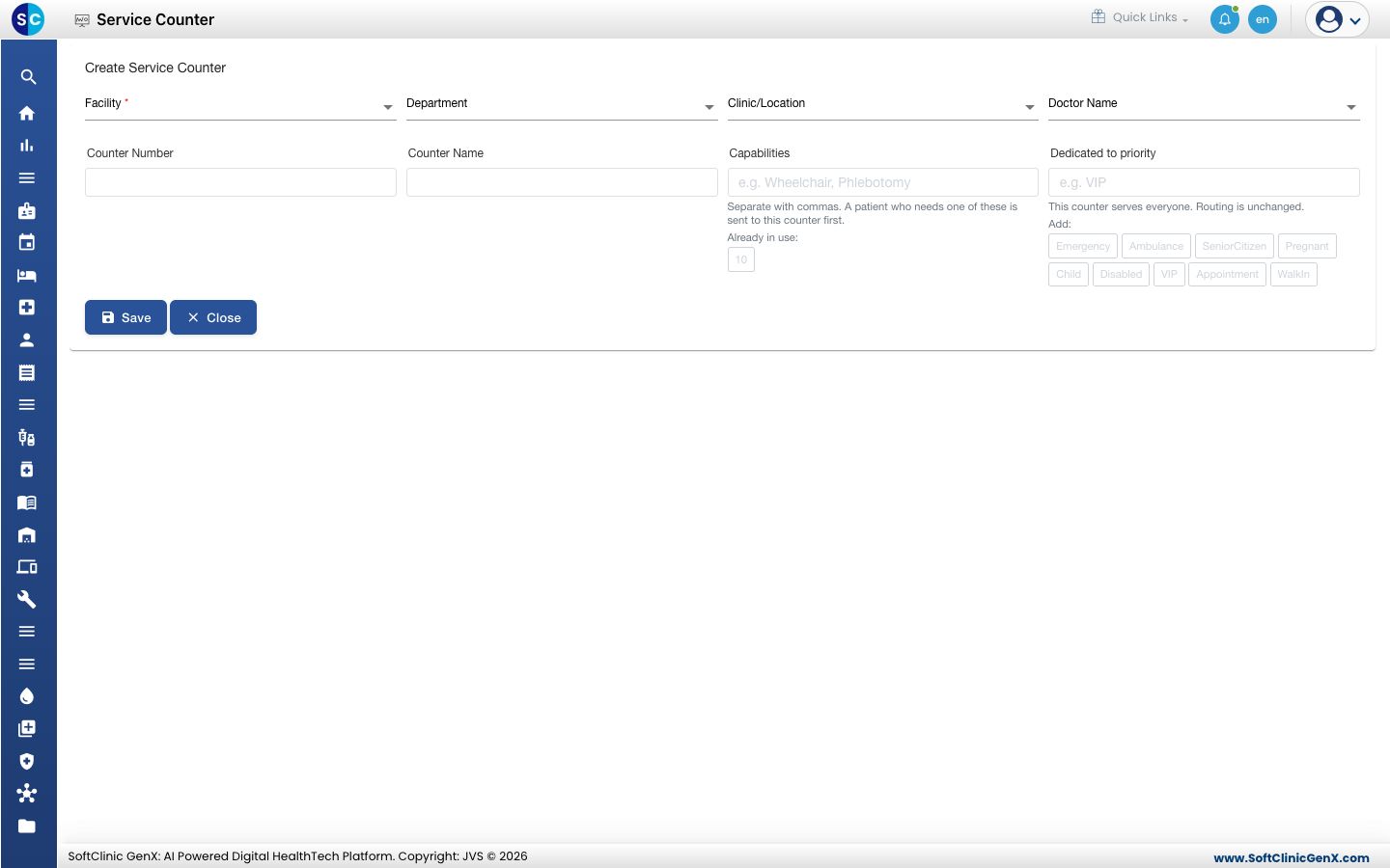 The Create Service Counter form.