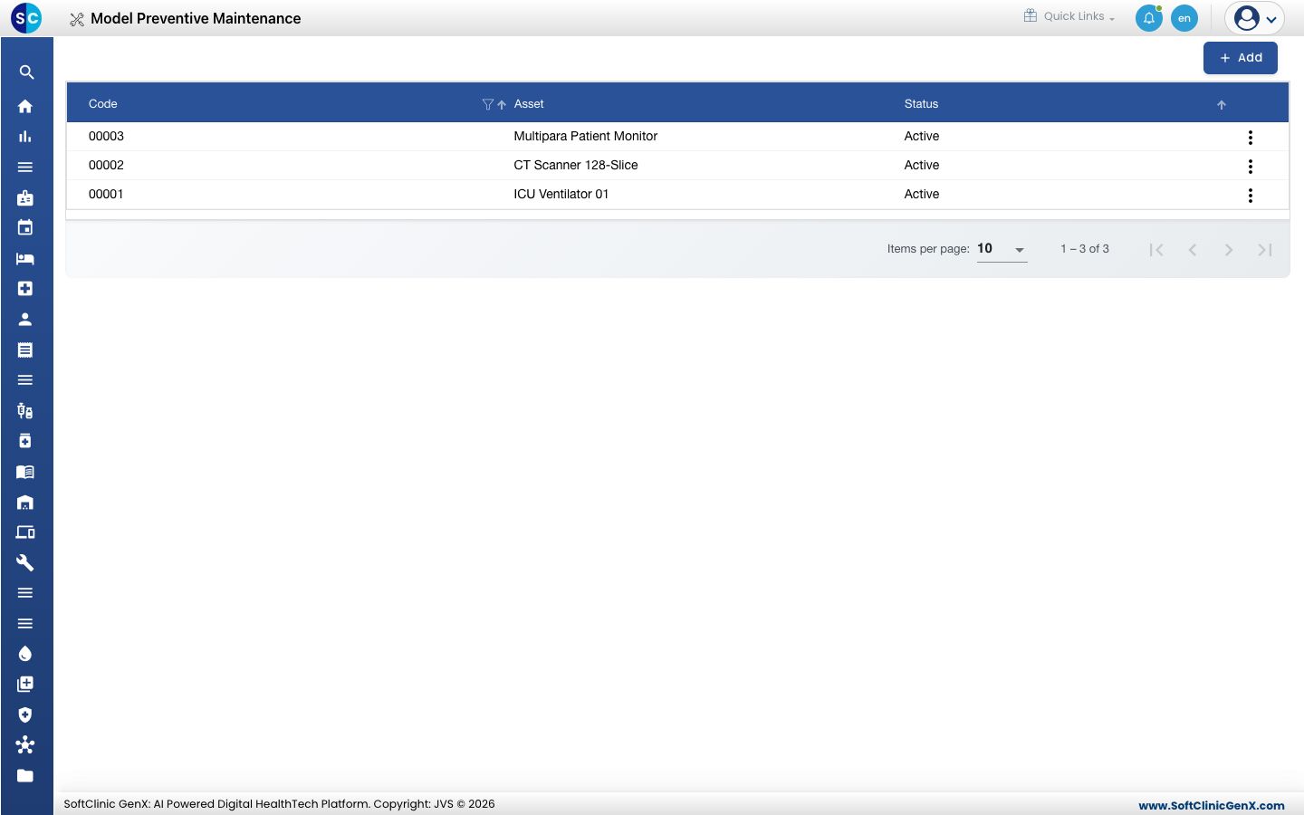 The Model Preventive Maintenance list with Code, Asset and Status.