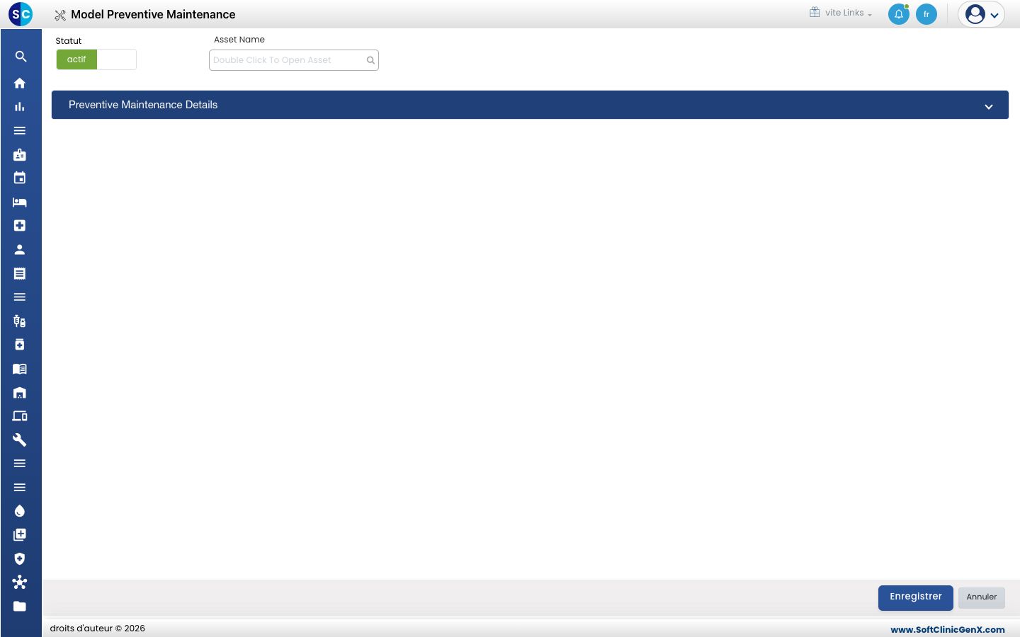 Le formulaire Model Preventive Maintenance avec Statut, Asset Name et Preventive Maintenance Details.