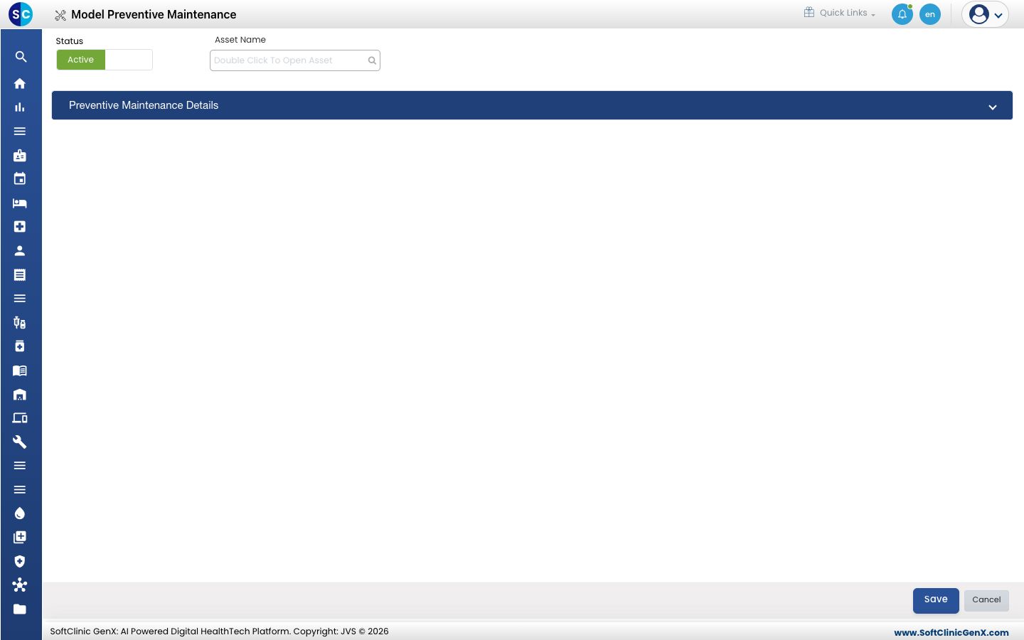 The Model Preventive Maintenance form with Status, Asset Name and Preventive Maintenance Details.