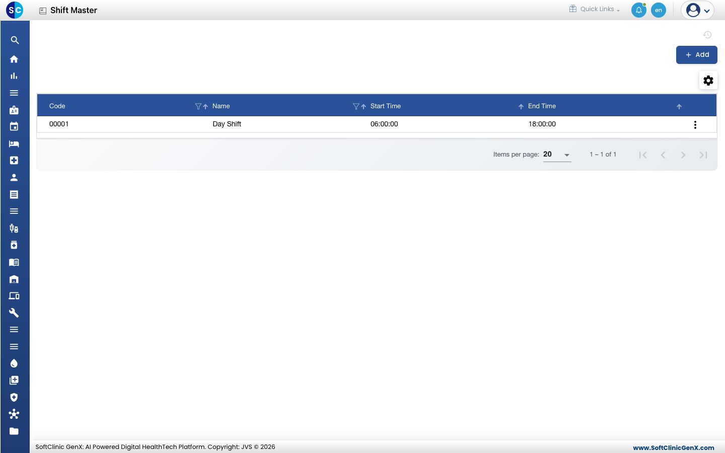 The Shift Master list with code, name, start time and end time