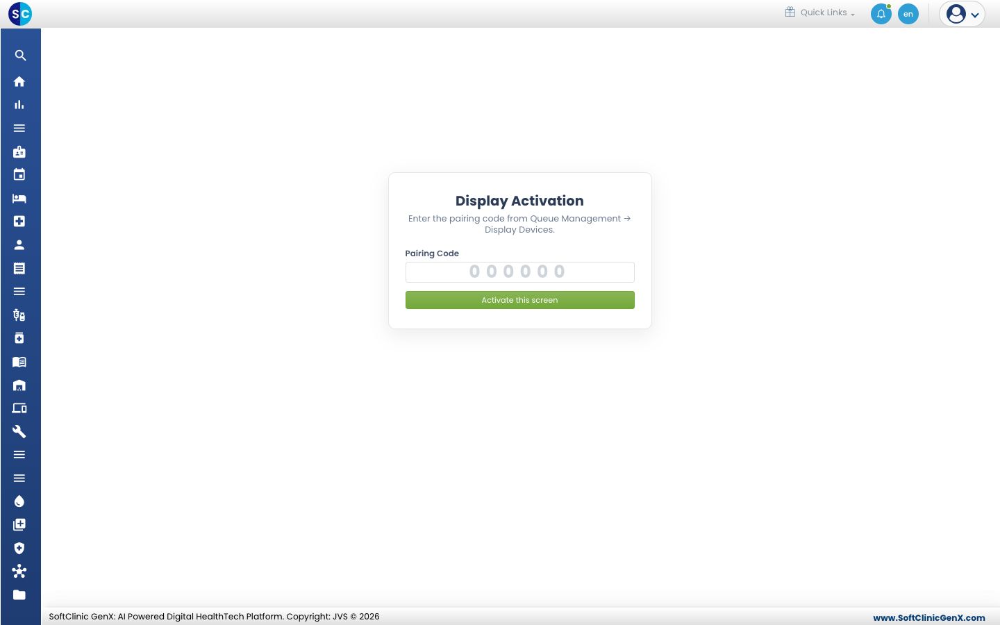 The Display Activation page with the Pairing Code box.