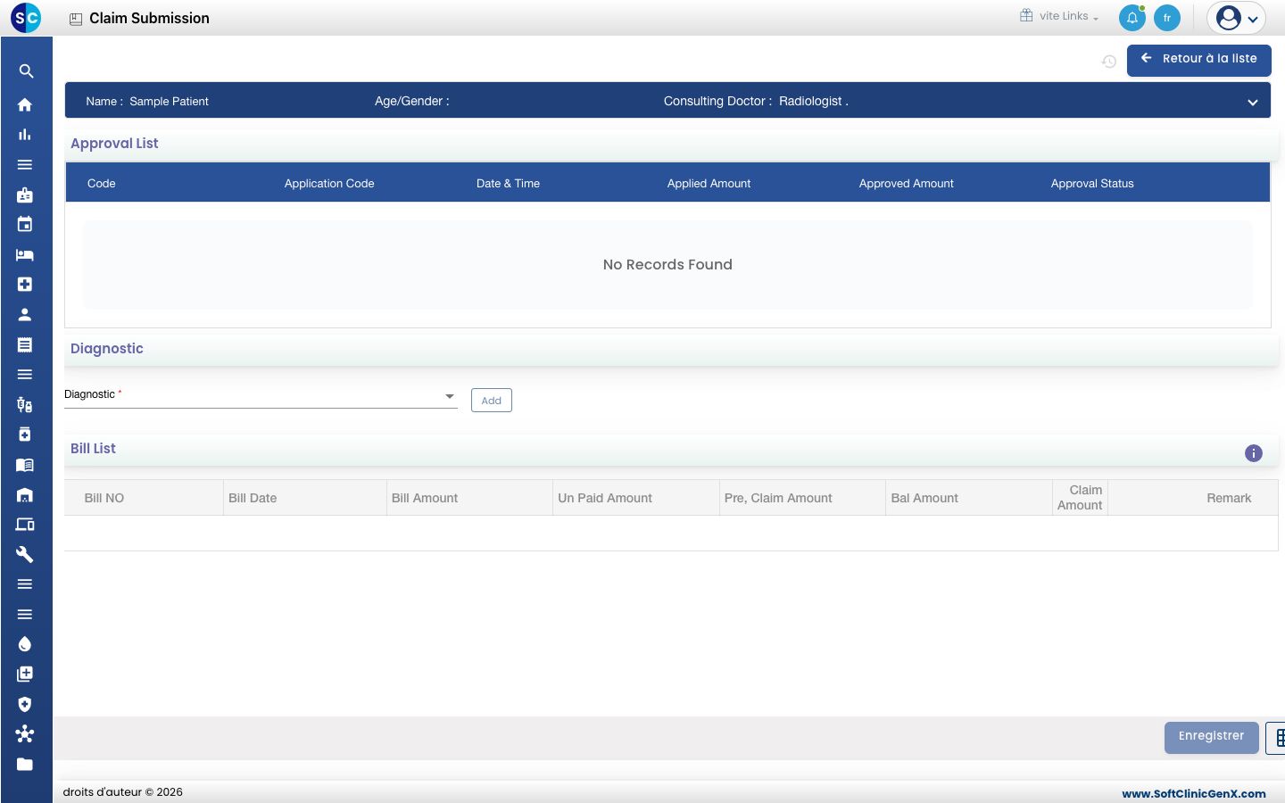 L'écran Claim Submission avec Approval List, Diagnostic et Bill List.