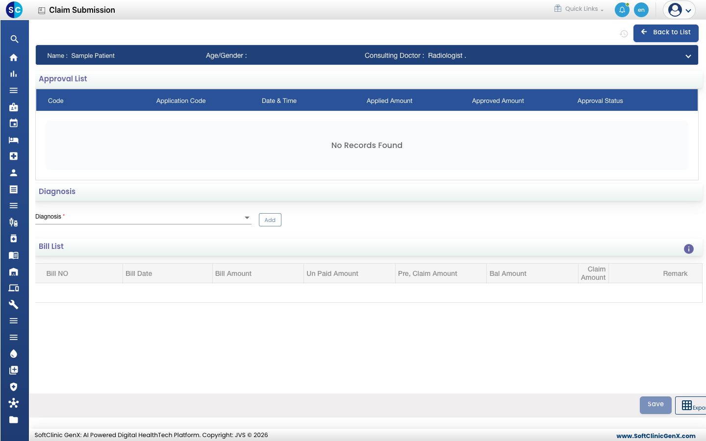 The Claim Submission screen with the Approval List, Diagnosis and Bill List.
