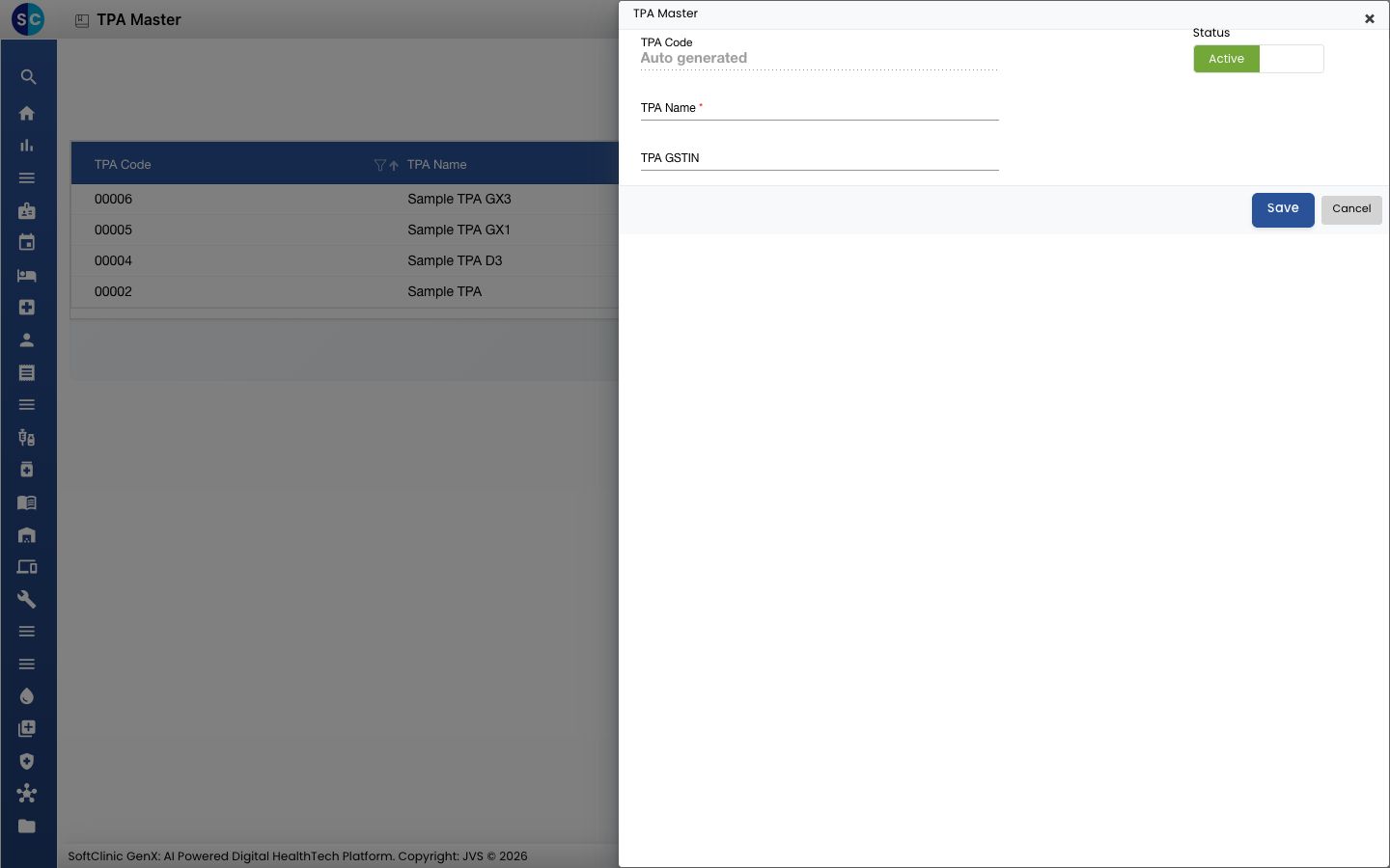 The TPA Master panel opens on the right with the TPA Code, TPA Name and TPA GSTIN fields.