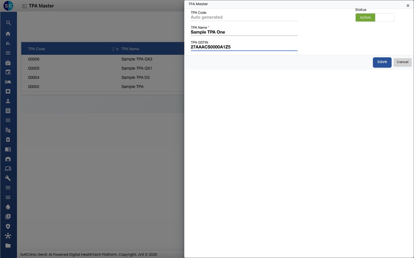 The TPA Master panel with a name and GSTIN entered.