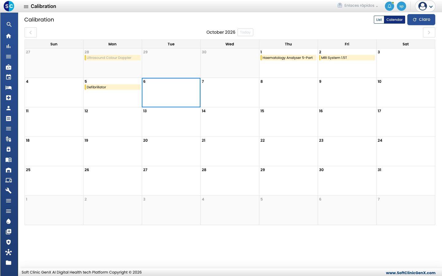El calendario de Calibration del mes con los activos pendientes marcados en sus fechas.