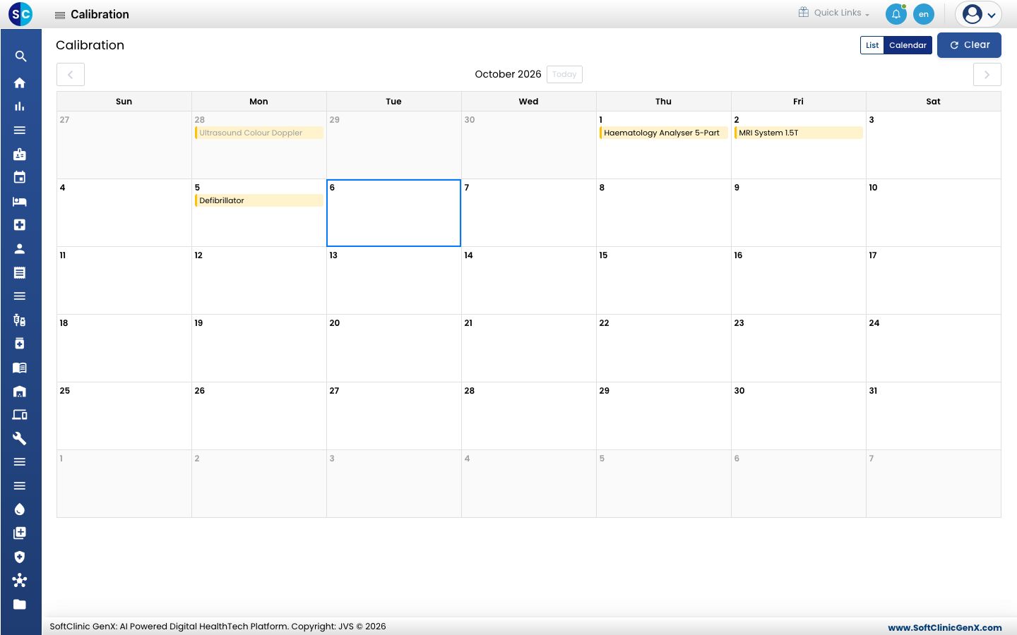 The Calibration calendar for the month with the due assets marked on their dates.