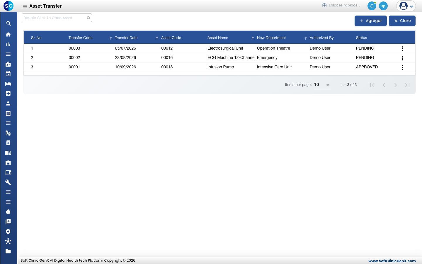 La lista de Asset Transfer con Transfer Code, Transfer Date, Asset Code, Asset Name, New Department, Authorized By y Status.