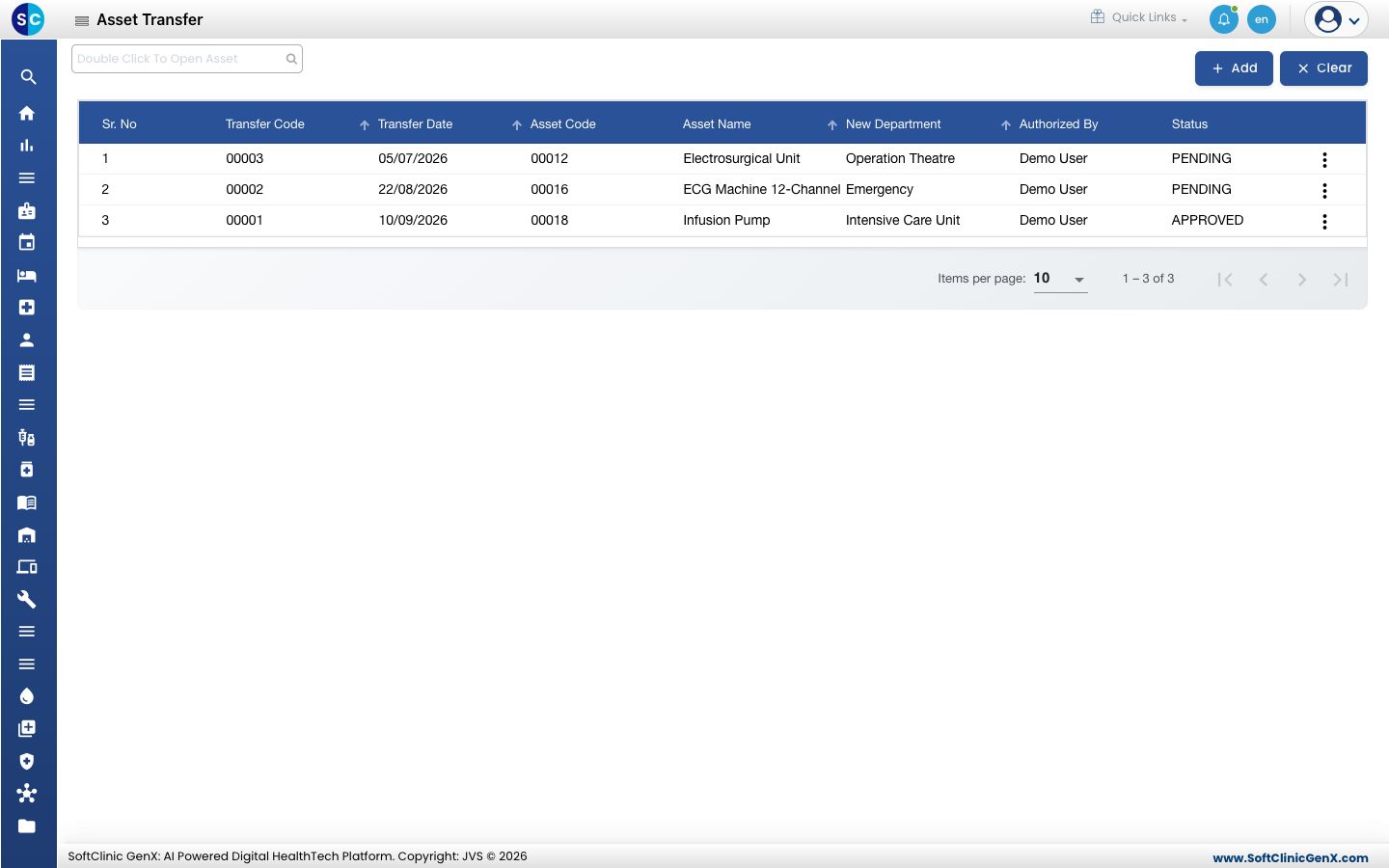 The Asset Transfer list with Transfer Code, Transfer Date, Asset Code, Asset Name, New Department, Authorized By and Status.