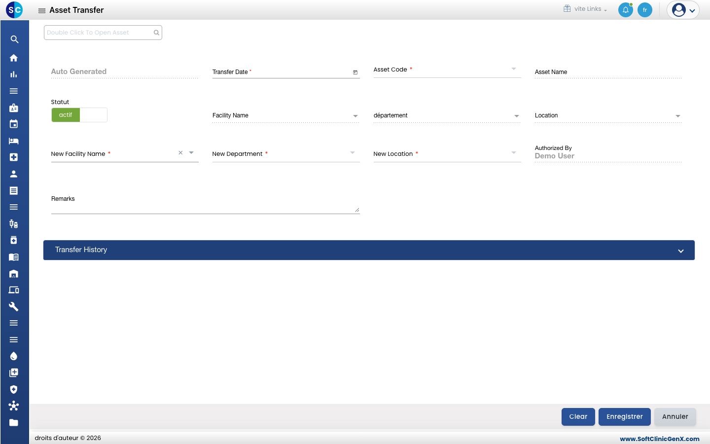 Le formulaire Asset Transfer avec l'actif, l'emplacement actuel et le nouvel établissement, service et emplacement.