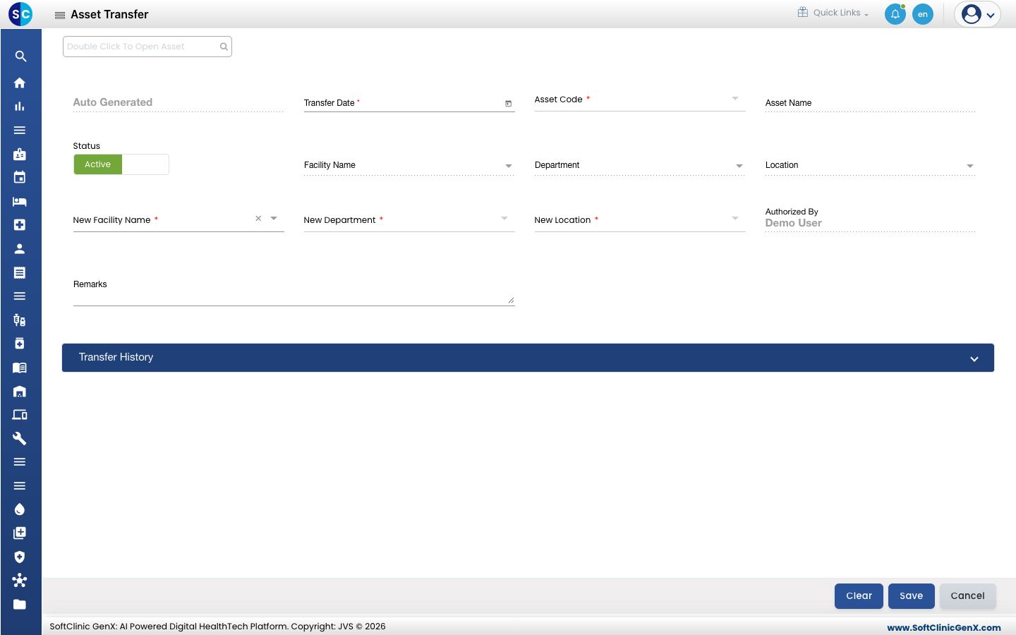 The Asset Transfer form with the asset, the current location and the new facility, department and location.