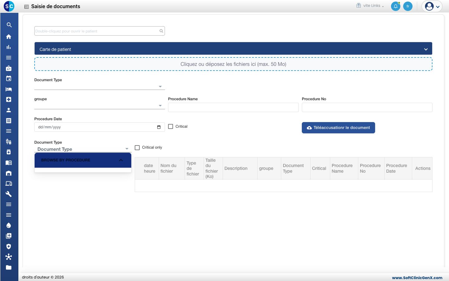 L'écran Saisie de documents avec la zone de recherche du patient, la zone de téléversement et les détails du document.