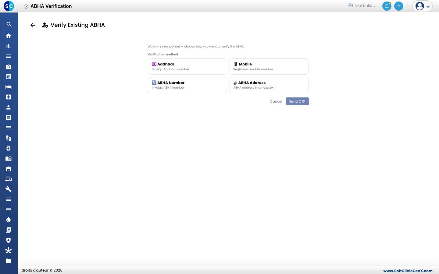 L'écran Verify Existing ABHA avec les quatre méthodes de vérification.