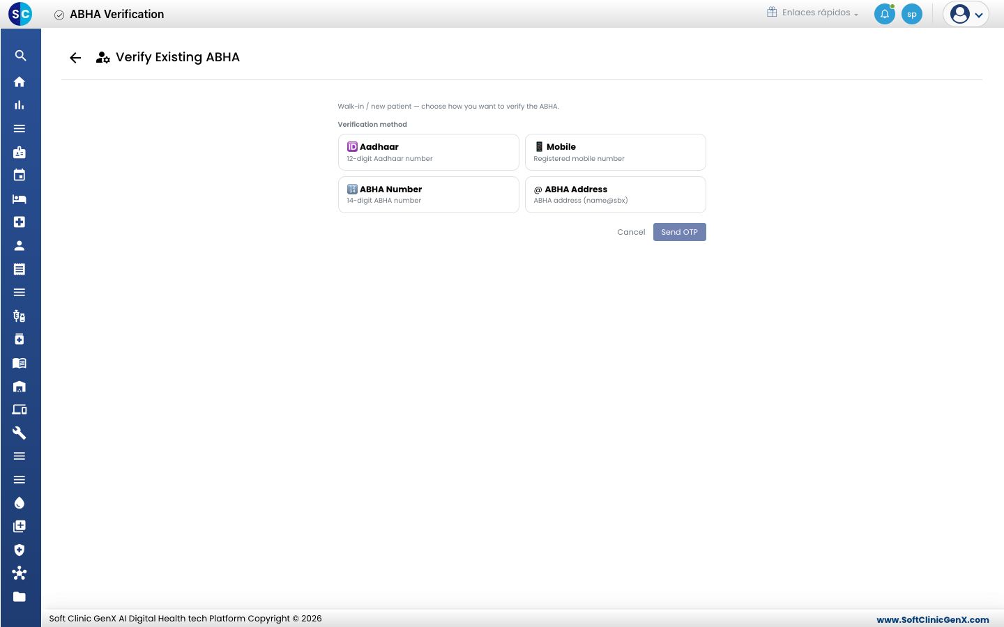 La pantalla Verify Existing ABHA con los cuatro métodos de verificación.