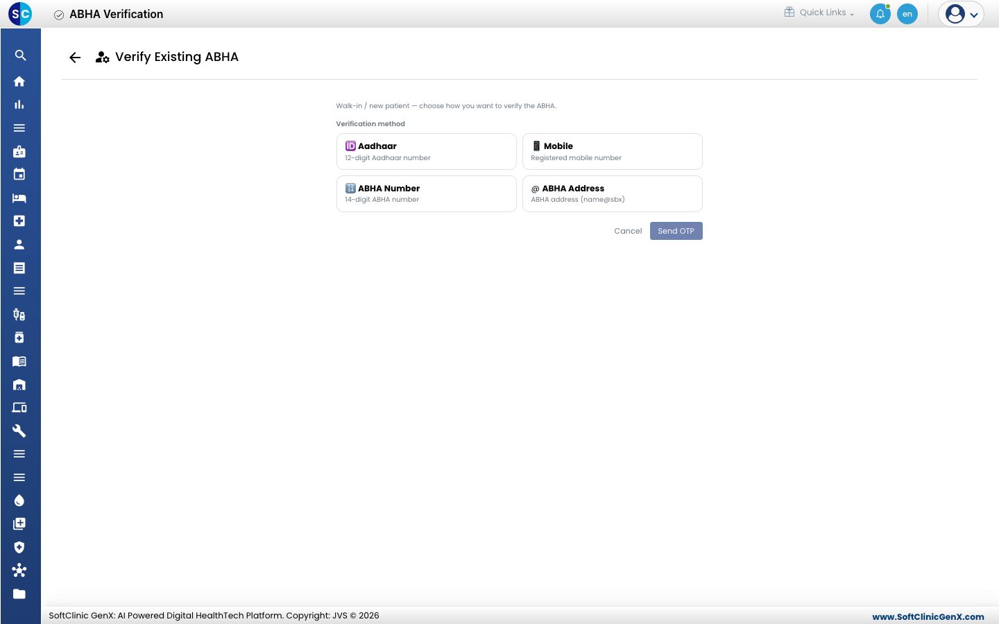 The Verify Existing ABHA screen with the four verification methods.