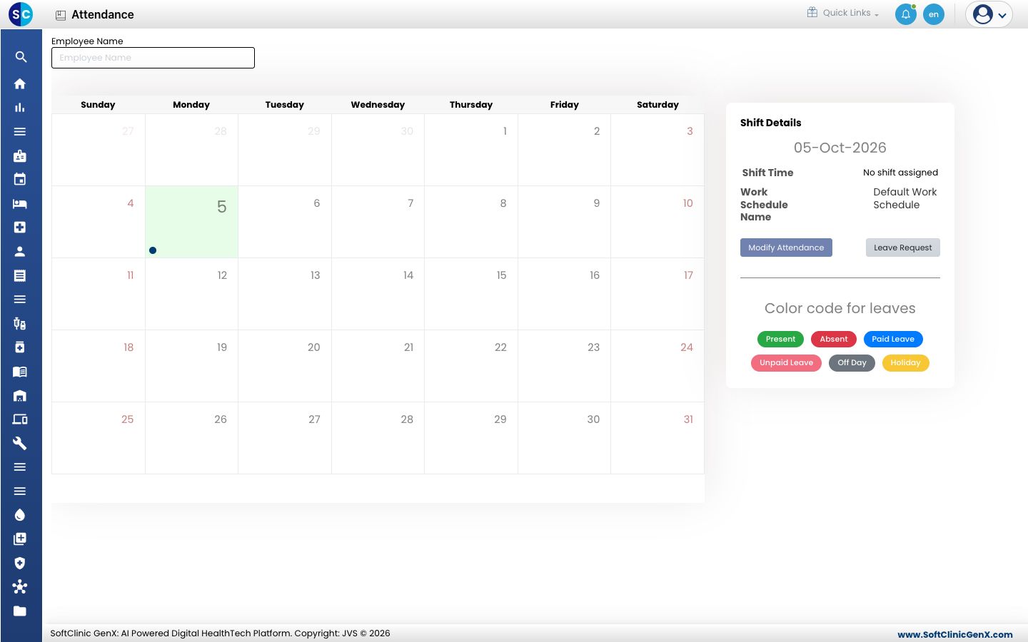 The Attendance calendar with Shift Details and the colour code