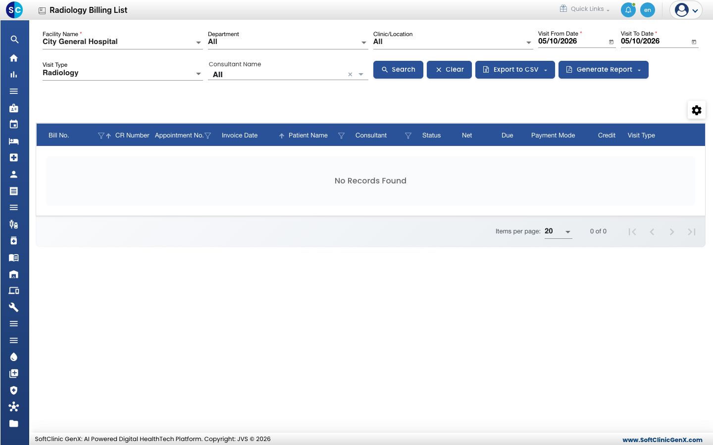 The Radiology Billing List with its filters and report buttons.