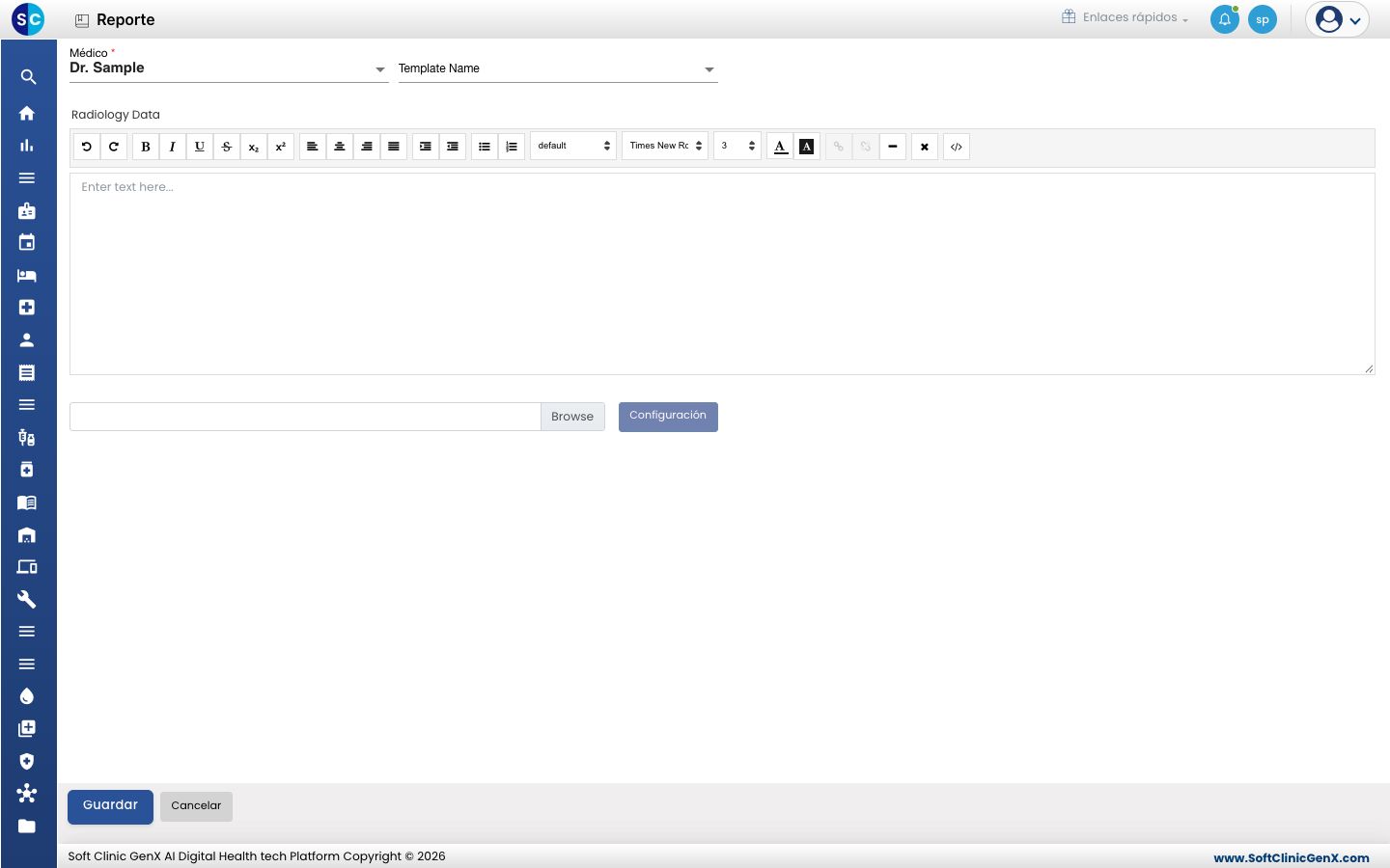 La pantalla Report con Doctor, Template Name y el editor Radiology Data.