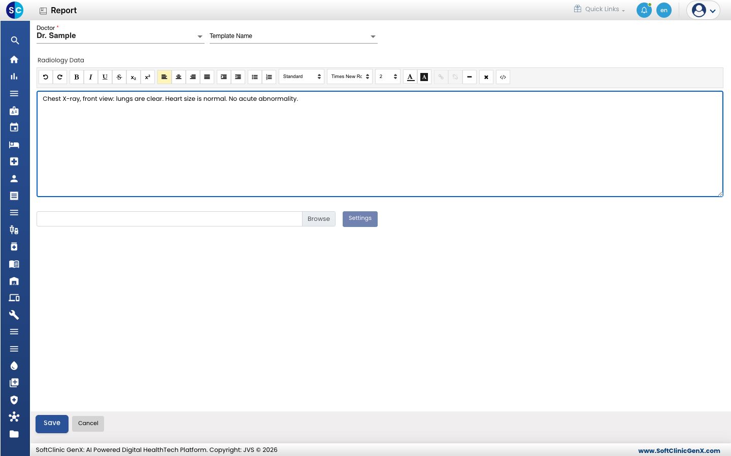 Findings typed in the Radiology Data editor.